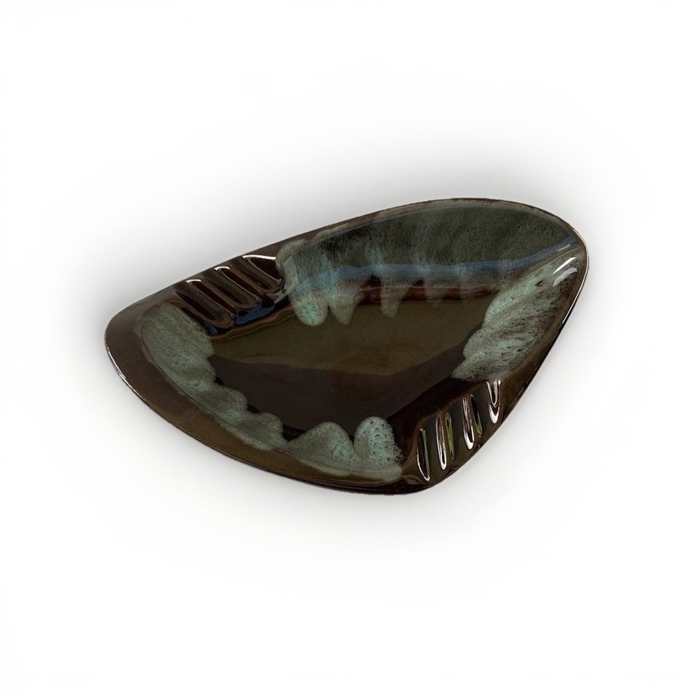 MCM Studio Art Pottery Ashtray Deep Chestnut Mint Green/Blue Drip Glaze Trinket